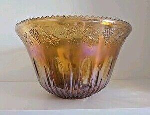 Punch Bowl Amber Carnival Glass Harvest Grapes 12”  by Indiana Glass Co Vintage